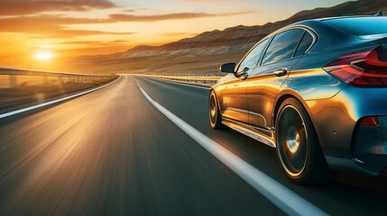 Car driving on a coastal highway at sunset, symbolizing long-term vehicle reliability and protection after a factory warranty expires.