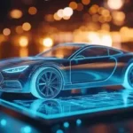 A futuristic digital rendering of a sleek car on a glowing tech platform, representing advanced vehicle service protection for modern automotive technology.