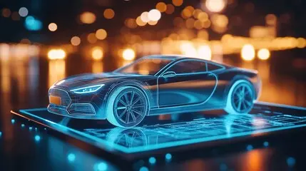 A futuristic digital rendering of a sleek car on a glowing tech platform, representing advanced vehicle service protection for modern automotive technology.
