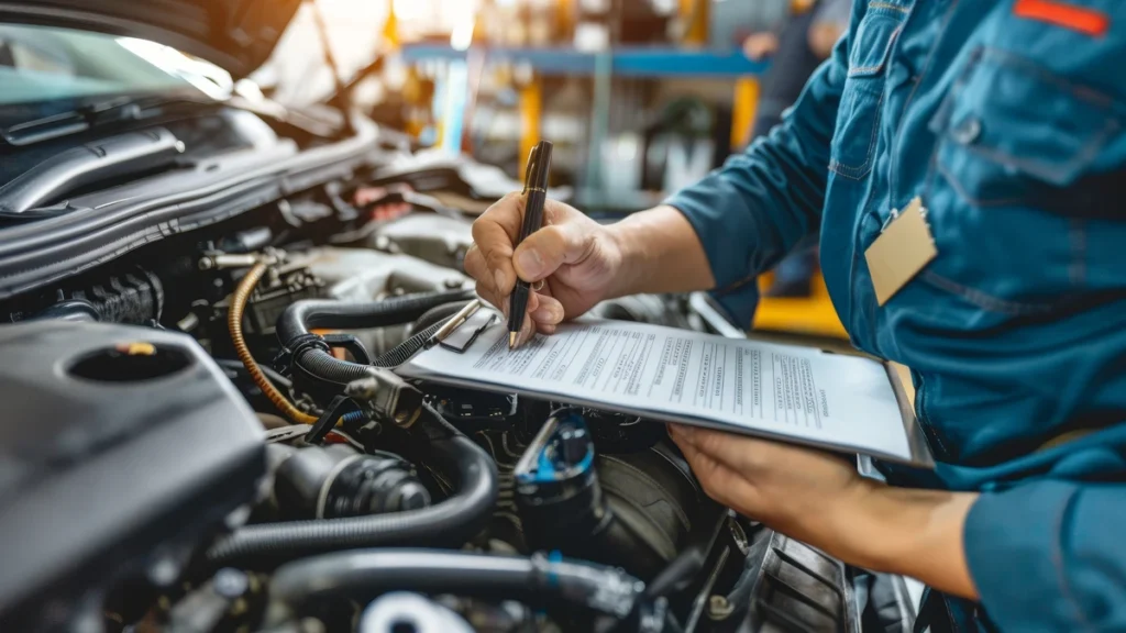 An automotive technician using a digital diagnostic tablet to perform a multi-point inspection, illustrating the benefits of prepaid maintenance and vehicle service protection.
