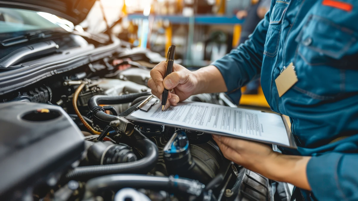An automotive technician using a digital diagnostic tablet to perform a multi-point inspection, illustrating the benefits of prepaid maintenance and vehicle service protection.