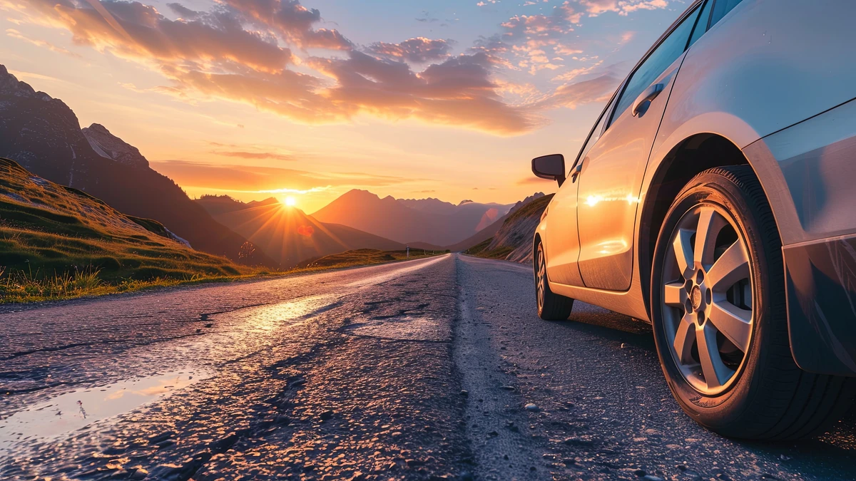 Car driving on a mountain road at sunset, symbolizing long-term vehicle reliability and protection after a factory warranty expires.