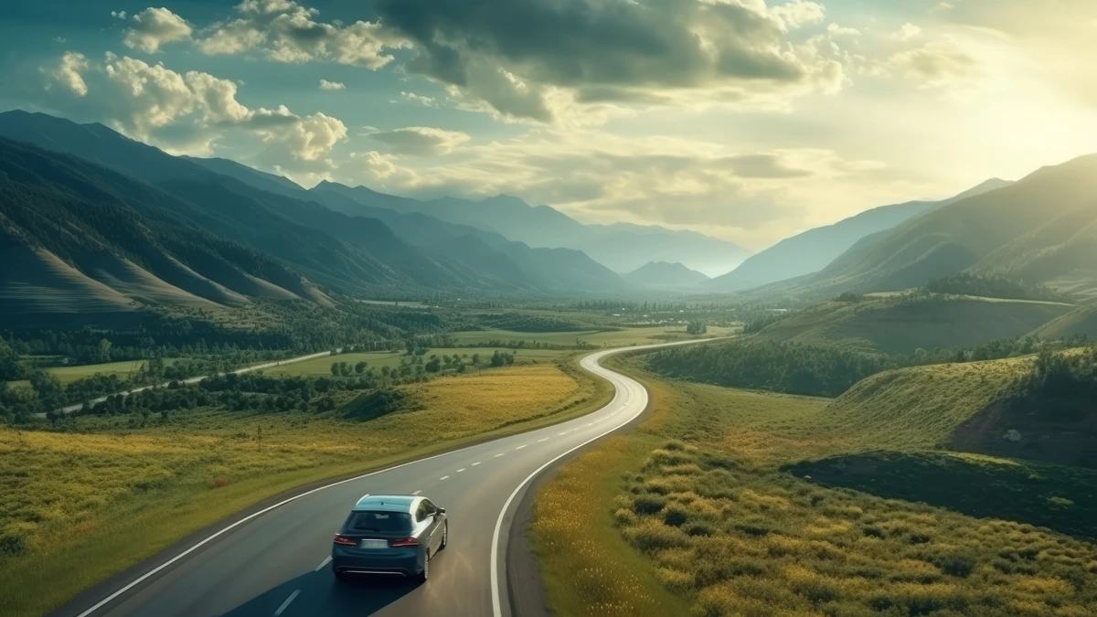 Car driving through a mountainous landscape, illustrating the peace of mind provided by exclusionary vehicle service protection when traveling far from home.