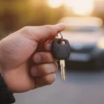 Person holding car keys with vehicles in background at sunset representing vehicle ownership and protection decisions