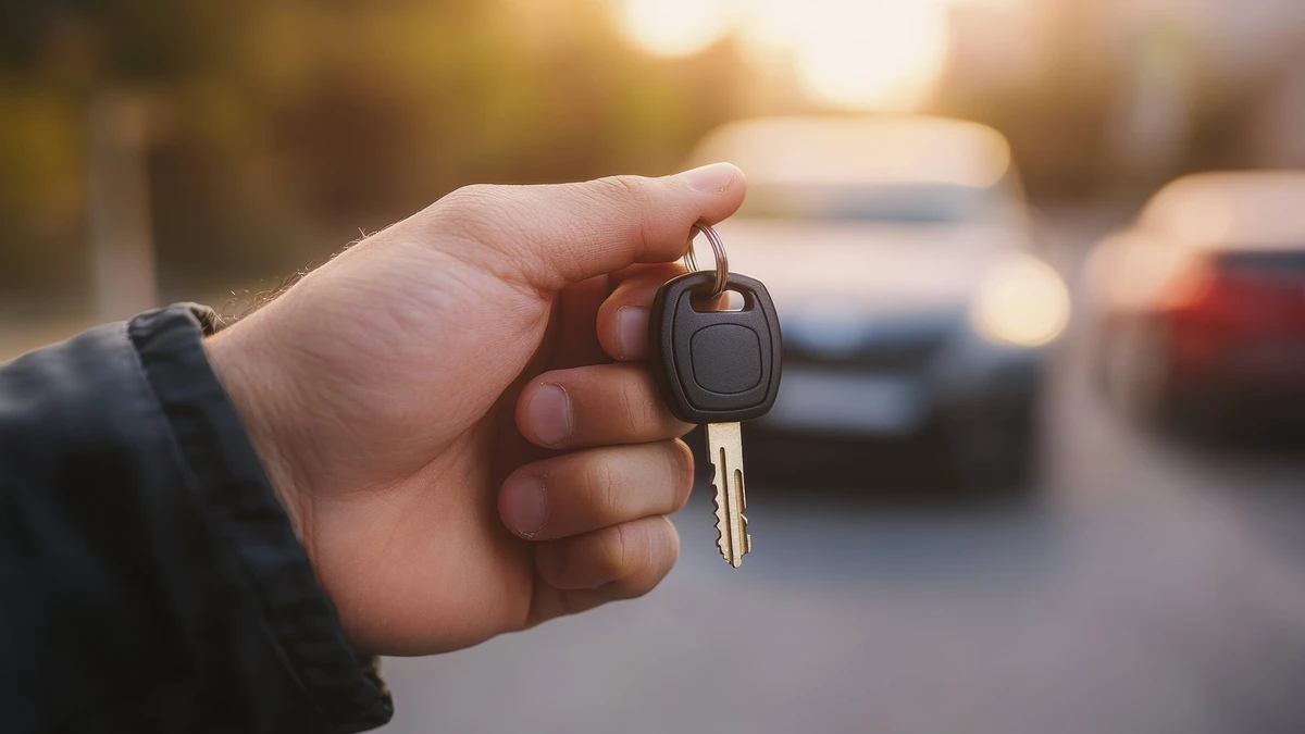 Person holding car keys with vehicles in background at sunset representing vehicle ownership and protection decisions