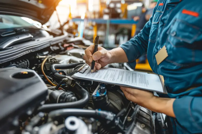 An automotive technician using a digital diagnostic tablet to perform a multi-point inspection, illustrating the benefits of pre-paid maintenance and vehicle service protection.