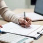 A person compares vehicle service contract quotes at a desk, with a toy car, calculator, and laptop open for research.