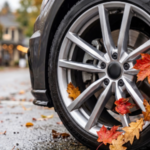 Car tire and wheel on pavement scattered with fallen leaves, the seasonal cue for end of summer car maintenance