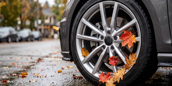Car tire and wheel on pavement scattered with fallen leaves, the seasonal cue for end of summer car maintenance